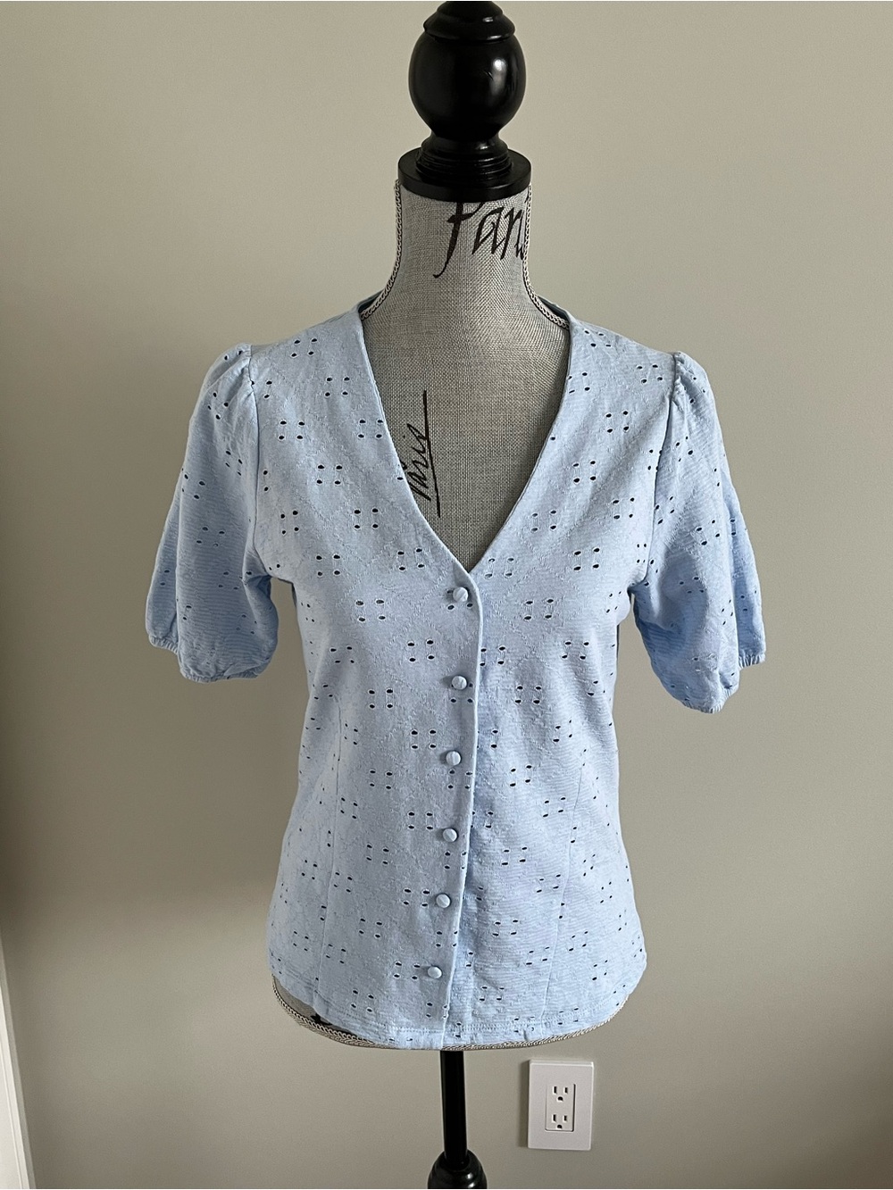 CLEO Light Blue Eyelet V-Neck Button Front Top
